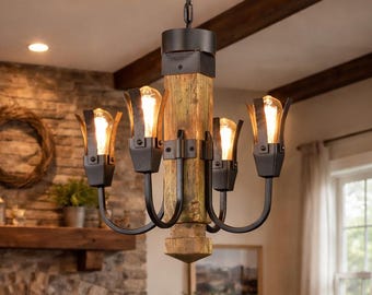 Rustic Wood and Iron Chandelier-4 Light Hand Forged Ceiling Fixture