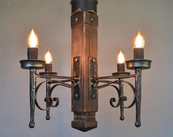 Wrought Iron and Wood Rustic Chandelier