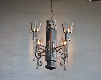 Gothic Forged Iron Chandelier,Rustic Wooden Chandelier Lighting,Medieval Wrought Iron Pendant Light