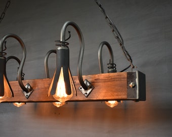Forged Farmhouse Chandelier,Rustic Style Pendant Light,Wood Beam Chandelier,Six Light Chandelier