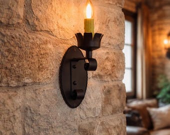Aplique de pared de hierro forjado negro forjado a mano - Lámpara de vela eléctrica rústica colonial española para entrada y sala de estar