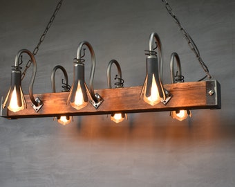 Forged Farmhouse Chandelier,Rustic Style Pendant Light,Wood Beam Chandelier,Six Light Chandelier
