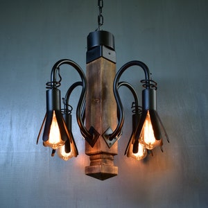 Rustic Wood and Wrought Iron Chandelier,Forged Pendant Light,Farmhouse Chandelier Lighting,Log Cabin Lighting