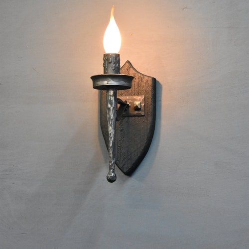 Medieval Wall Sconce,Gothic Wrought Iron Light,Gothic Wall Lamp,Forged Iron and Wood Wall Sconce