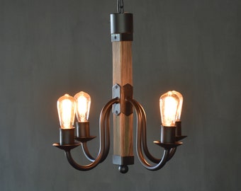Wood and Wrought Iron Chandelier,Rustic Pendant Light, Country and Farmhouse Lighting