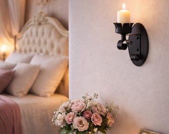 Candelabro de pared de hierro forjado a mano - Portavelas de herrería con placa ovalada - Decoración gótica y rústica