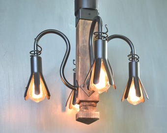 Rustic Wood and Wrought Iron Chandelier,Forged Pendant Light,Farmhouse Chandelier Lighting,Log Cabin Lighting
