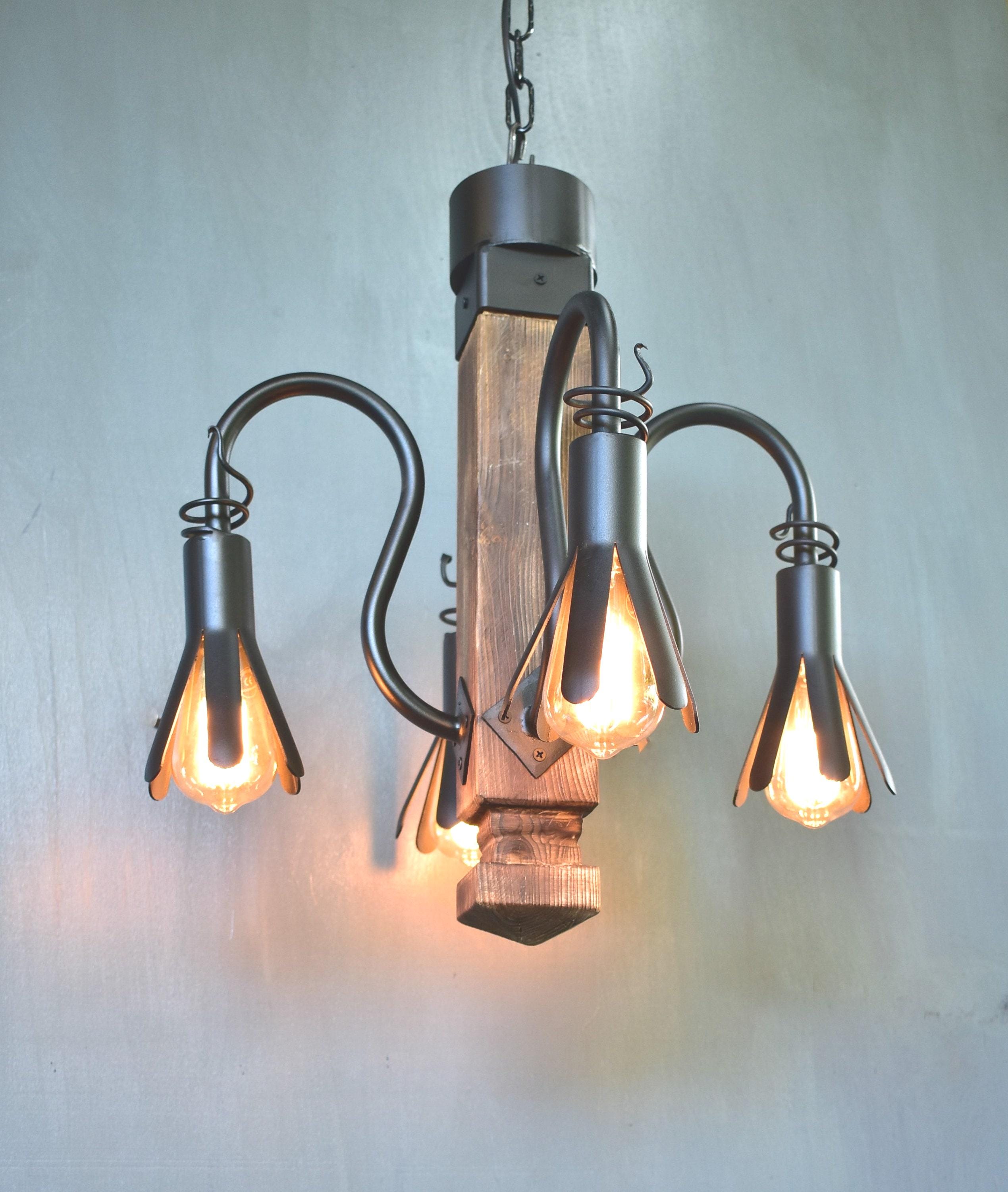 Rustic Wood and Wrought Iron Chandelier,Forged Pendant Light,Farmhouse Chandelier Lighting,Log Cabin Lighting