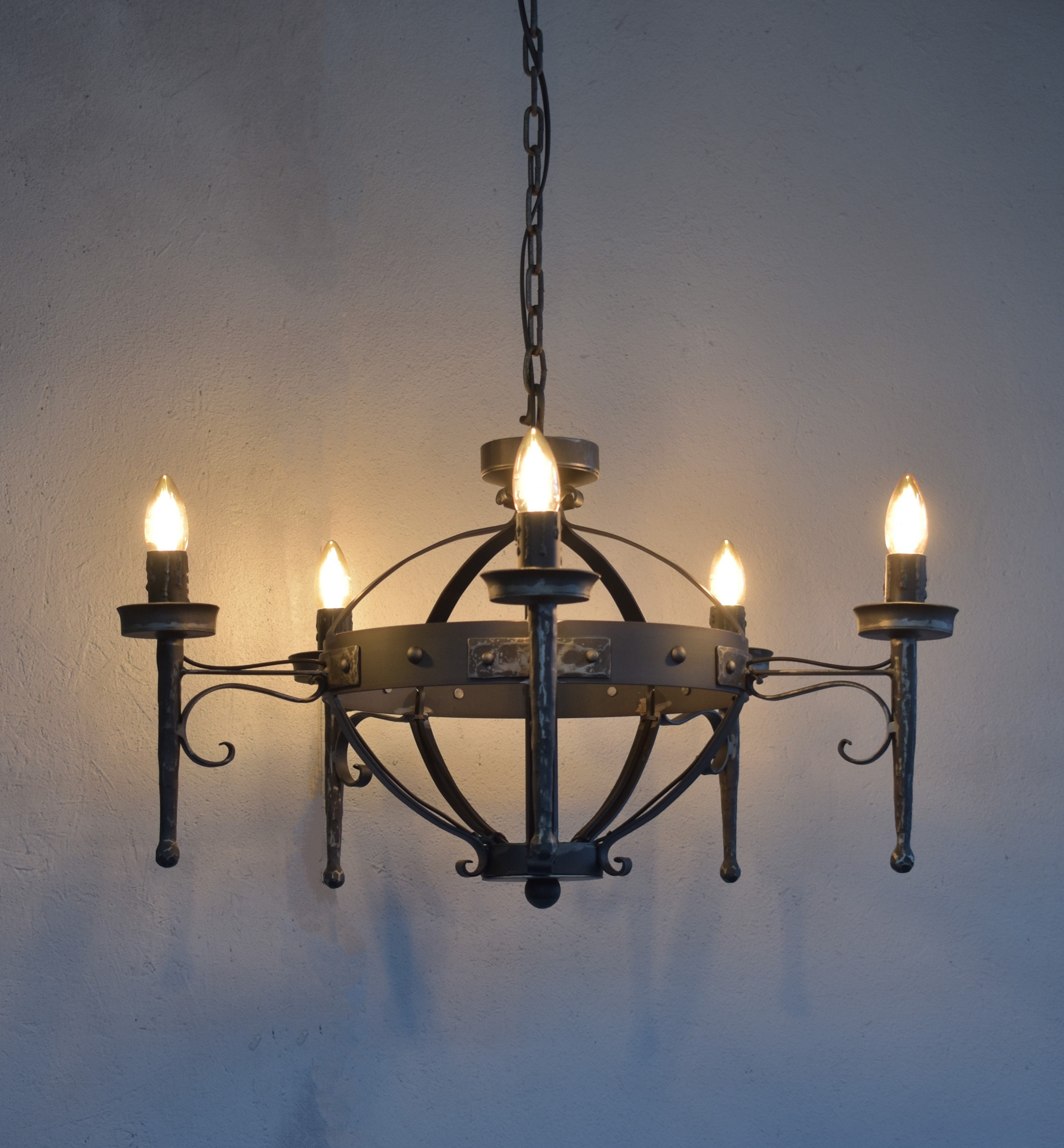 Lustre 3 Lumières Fer Forgé Noir - Modèle Paris - Chaîne D' Suspension - Arterameferro