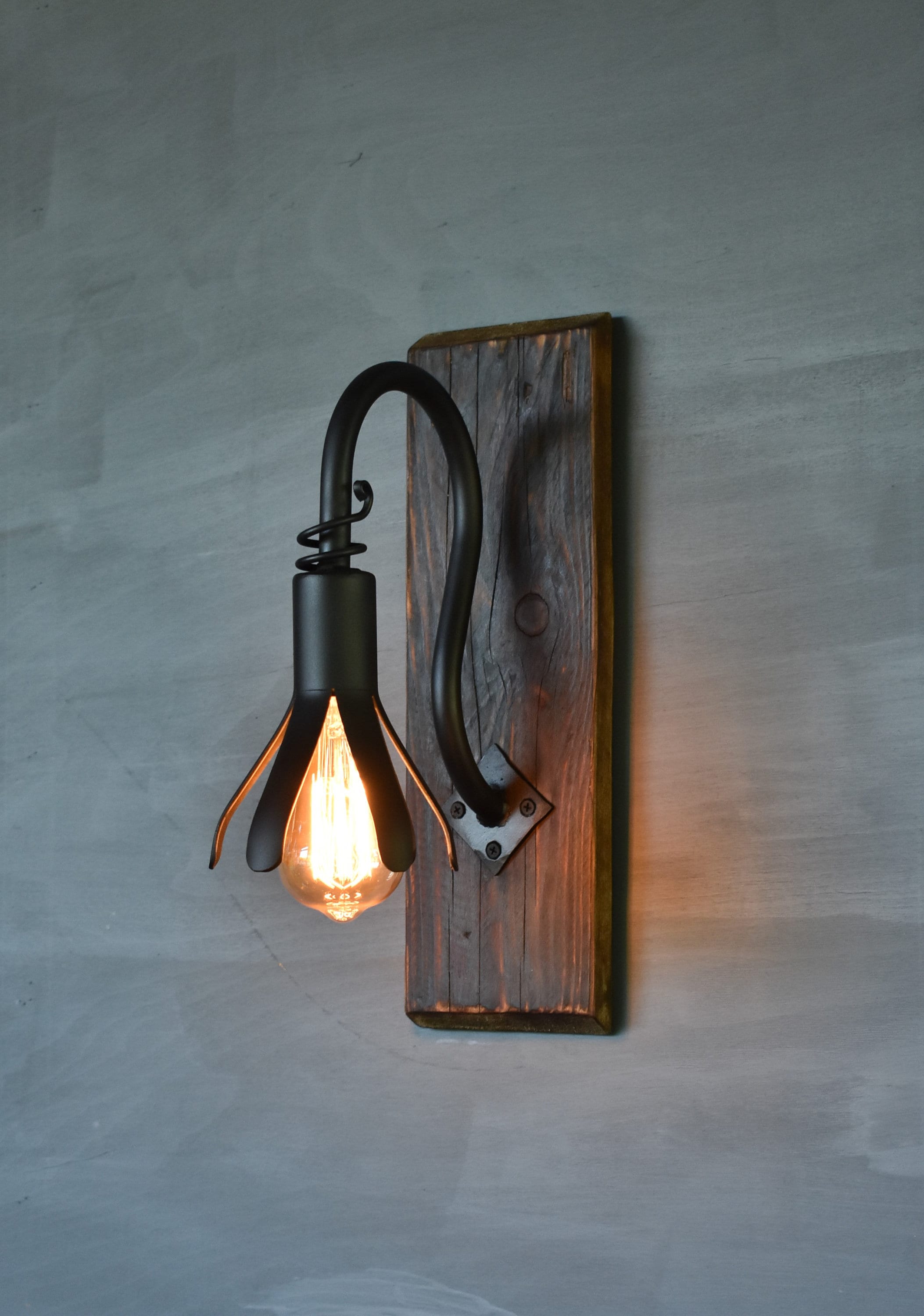 Rustic Wall Sconce,Farmhouse Light,Charred Wood and Wrought Iron Sconce,