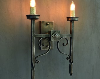 Gothic 2-light Wall Sconce,Medieval Style Torch shaped Wall Light, Wrought Iron Castle Torch