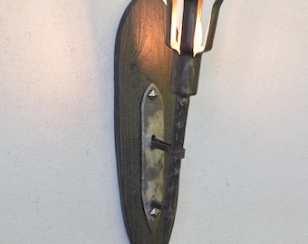 Hand Forged Iron and Wood Western Gothic Torch Sconce |  Wrought Iron Wall light on a Wooden  Shield