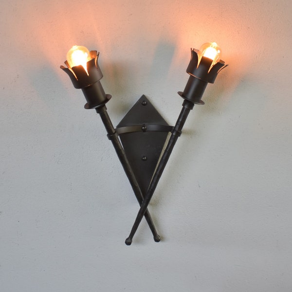 Medieval Style Wall Lamp,Gothic Style Wall Sconce,Double Torch Lamp,Forged Viking Style Wall Light