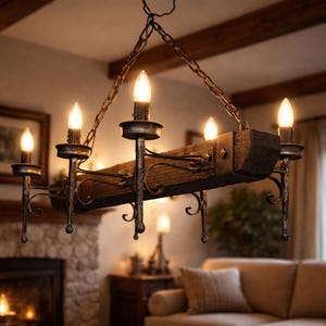 May include: A rustic chandelier with six candle-style lights. The fixture features a dark wooden beam and ornate, wrought-iron arms. It hangs from a chain and is illuminated, casting a warm glow in a cosy living space.