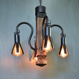 Rustic Wood and Wrought Iron Chandelier,Rustic Ceilling Light,Forged Pendant Light,Farmhouse Chandelier Lighting,Log Cabin Lighting