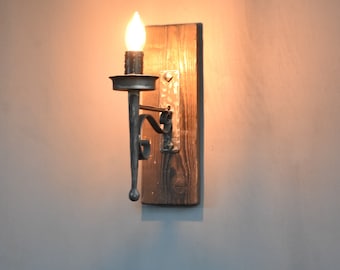 Hand Forged Wall Sconce,Farmhouse Wood and Wrought Iron Wall Lamp,Medieval Candle Sconce Light