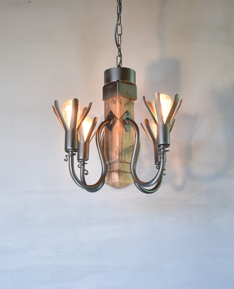 Farmhouse style wrought iron and wood chandelier