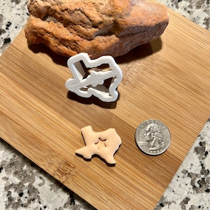 May include: A white plastic cookie cutter shaped like the state of Texas with a star inside. A small, light brown cookie is also shown, shaped like the state of Texas with a star inside. A silver US quarter is shown for scale.
