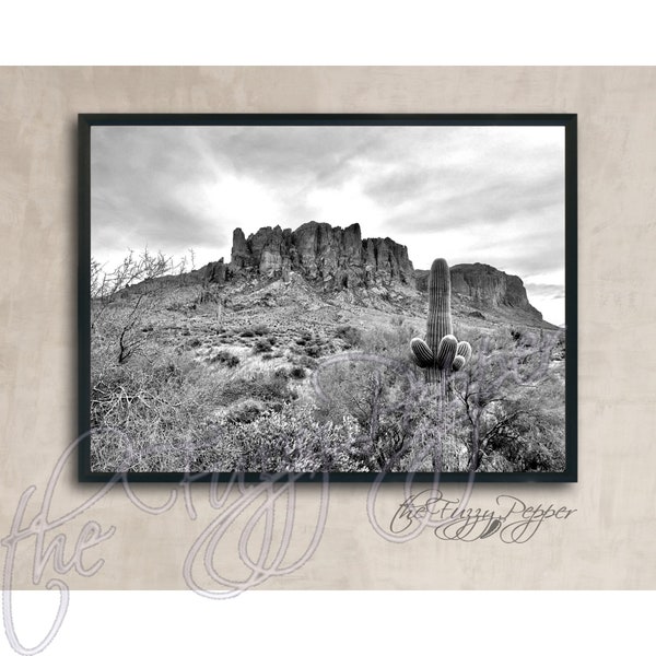 Superstition Mountain Print, Digital Download Photo, Lost Dutchman Arizona Printable Wall Art, Black and White Print, Desert, Cactus