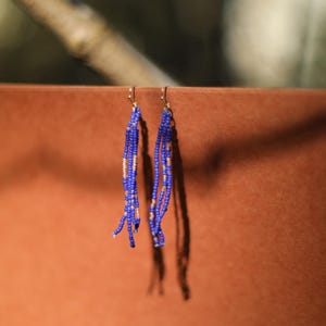May include: A pair of beaded earrings with a blue and gold color scheme. The earrings are made of small, round beads strung together to create a dangling, fringe-like effect. The gold beads are interspersed with the blue beads.
