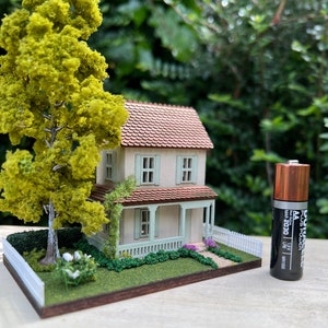 1:144 Scale, Micro Scale House on a landscaped base, pale green verandah, dollhouse for a dollhouse