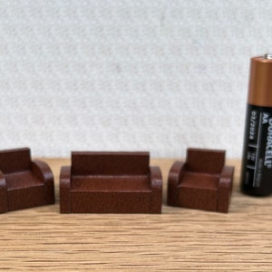 1:48 scale Quarter Scale 1/4 inch Dolls house furniture, Deco style sofa and 2 armchairs, brown leatherette