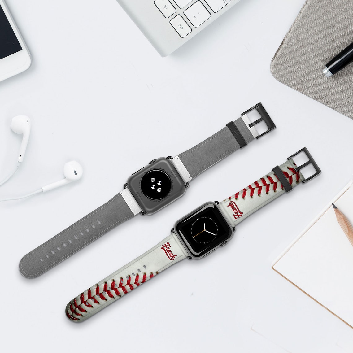 Baseball White Leather Apple Watch Band Affordable Etsy
