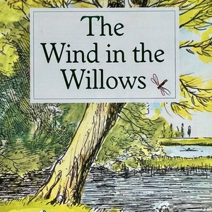 May include: Four knitting patterns for The Wind in the Willows by Gary Kennedy (Intarsia). The image shows a whimsical illustration of a riverbank scene with a tree, a river, and two characters relaxing on a picnic blanket.