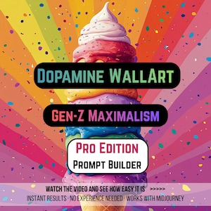 May include: A multi-colored ice cream cone graphic against a rainbow sunburst background with confetti. Text reads: DOPAMINE WALLART, GEN-Z MAXIMALISM, PRO EDITION PROMPT BUILDER, WATCH THE VIDEO AND SEE HOW EASY IT IS >>>>> INSTANT RESULTS NO EXPERIENCE NEEDED WORKS WITH MIDJOURNEY.