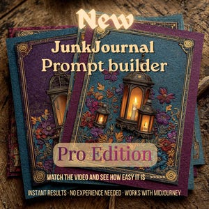 May include: A stack of Junk Journal Prompt Builder cards. The cards have a teal and purple color scheme with ornate lantern and floral designs. The text on the cards reads "New," "Junk Journal Prompt Builder," and "Pro Edition."
