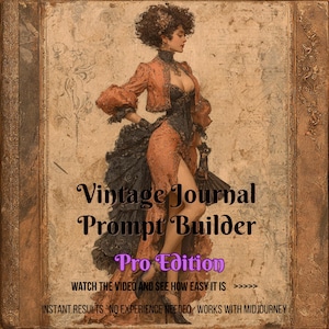 Puede incluir: Imagen digital artística de una mujer con vestimenta vintage. La imagen tiene texto que dice "Vintage Journal Prompt Builder Pro Edition". Texto adicional incluye "Mira el video y verás lo fácil que es" y "Resultados instantáneos. No se necesita experiencia. Funciona con Midjourney."