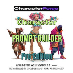 Könnte beinhalten: Werbebild für Character Forge's Prompt Builder Pro Edition. Das Bild zeigt drei stilisierte Charaktere, den Text "Character Prompt Builder Pro Edition" und zusätzlichen Text: "Sehen Sie sich das Video an und sehen Sie, wie einfach es ist", "Sofortige Ergebnisse. Keine Erfahrung erforderlich. Funktioniert mit Midjourney."