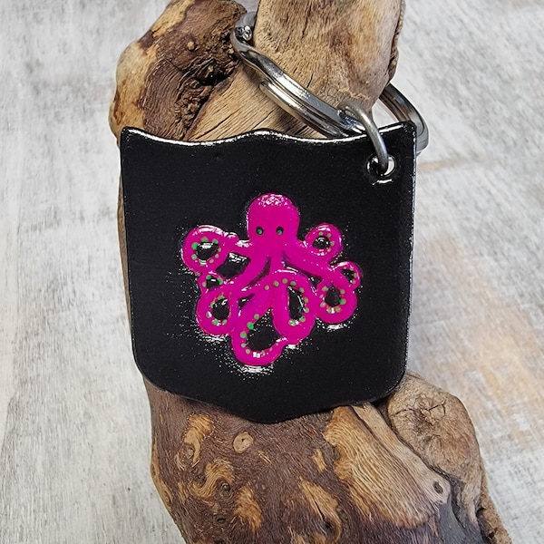 Genuine Leather Octopus Keychain/ Key Fob with Octopus/ Cute Keychain Tooled and Stamped Leather Hand Painted Leather Key Chain Gloss Finish