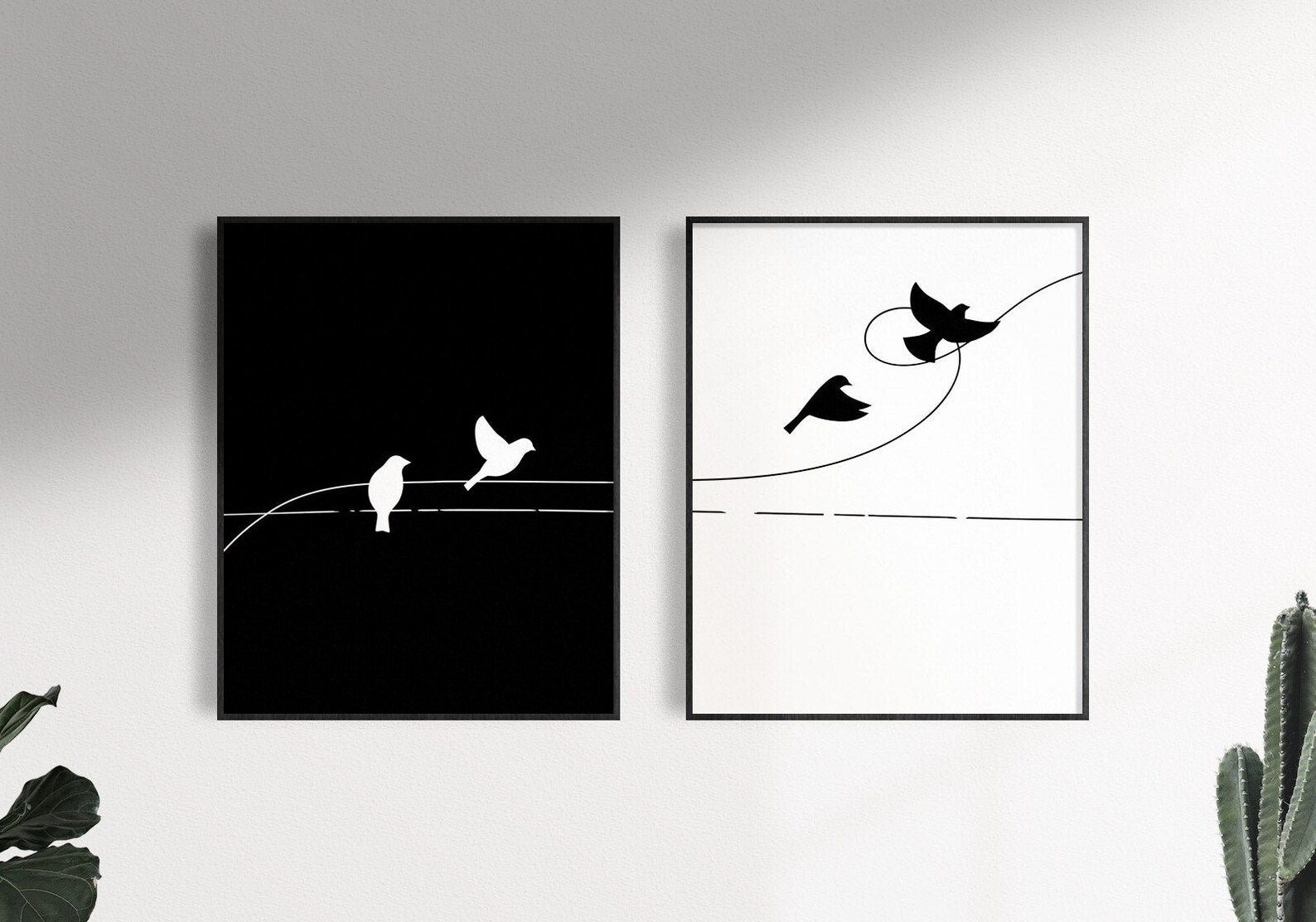 Birds on a wire wall art Set of 2 minimalist wall art Flying Etsy