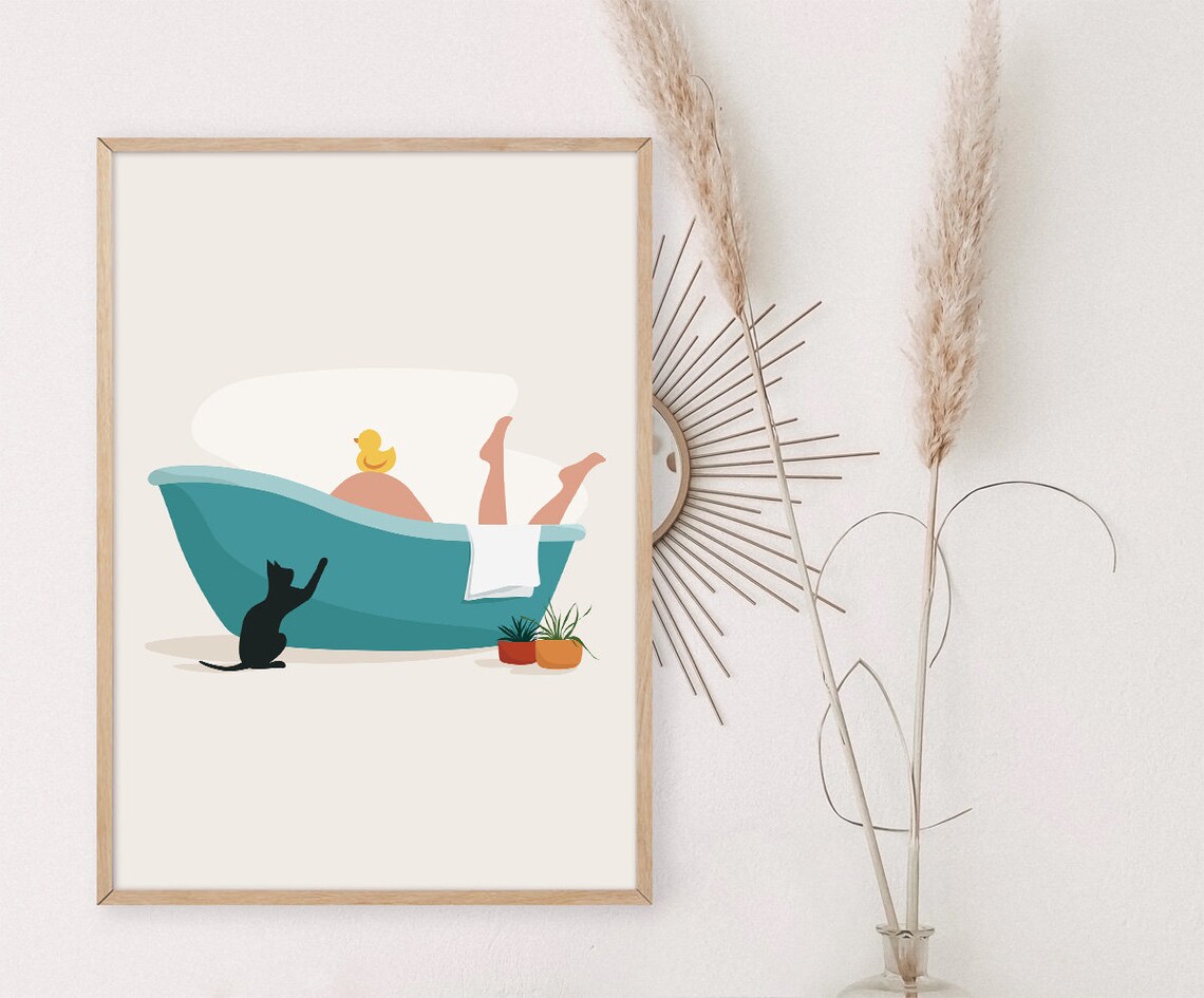 Bathroom wall art Girl takes a bath Funny art Bedroom decor Etsy