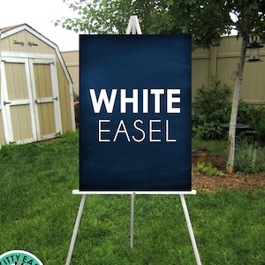 White Easel . Wedding sign solid wood floor stand . Display lightweight Foam Board, Canvas, Wood, Acrylic signs up to 24&quot; x 36&quot; and 8lbs