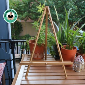 May include: A gold-colored wooden easel with a chain detail. The easel is sitting on a wooden table with two potted plants in the background.