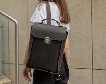 Large leather backpack, Elegant rucksack for her, Leather backpack with a flap, Best leather colors 2023, Christmas gift