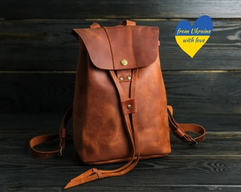 Leather backpack with drawstring and snap button, Personalized Christmas gift, Brown leather backpack, Vintage leather rucksack