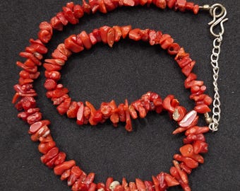Mediterranean Red Coral Necklace: Antique Beads, Silver Brass, 14 Inch