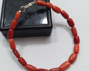 Red Coral Bracelet: Oval Gemstone, Silver Brass Jewelry, 7 inch