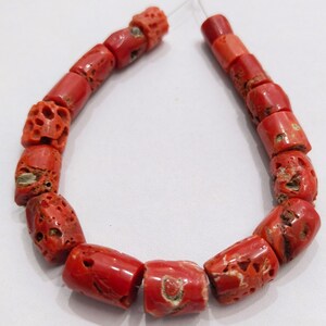 Cuentas de coral rojo sin teñir: cuentas sueltas con forma de tambor italiano, 14 x 9 mm