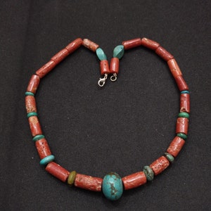 18&quot;Inch Necklace Italian Red Coral & Tibet Turquoise Gemstone Necklaces, Beautiful Vintage Necklace Jewelry-Red Coral And Turquoise Necklace