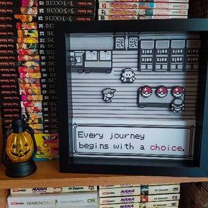 Pokemon rosso/blu, shadow box, diorama "Every journey begins with a choice"