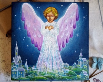 Guardian Angel Icon Hand Painted on Wood, Original Angel Painting, Catholic Christian Gift, Kids Baptism Gift, Angel Wings Icon