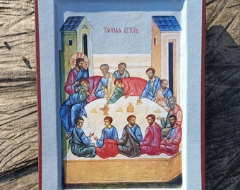 イコン　宗教画　正教会　ギリシャ　最後の晩餐　木製 最後の晩餐の正教会のイコン、神秘的な晩餐の木板、イエスと使徒たちの