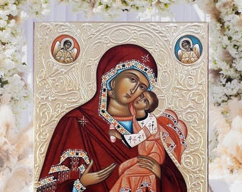 Sweet Kissing Mother of God icon, Eleusa Orthodox icon, Jesus Emmanuel, 100% Handpainted icon, Аngels icon, Icon Madonna with Child