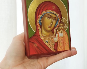 Theotokos of Kazan Icon, 100% Handpainted Orthodox Icon Virgin Mary, 23K Gold, Kazan icon Mother of God, Icon Our Lady, Christian Religious