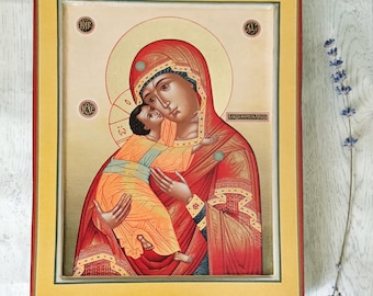 Handmade icon Our Lady of Vladimir replica, Theotokos of Vladimir, Virgin Mary of Vladimir Print, Orthodox Religious Art (25x20cm)