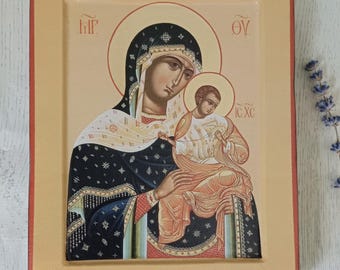 Handmade Icon of Virgin Mary 'Golubytskaya' (Konevskaya) replica, Our Lady with dove icon Print, Orthodox Religious Art (20x16cm)